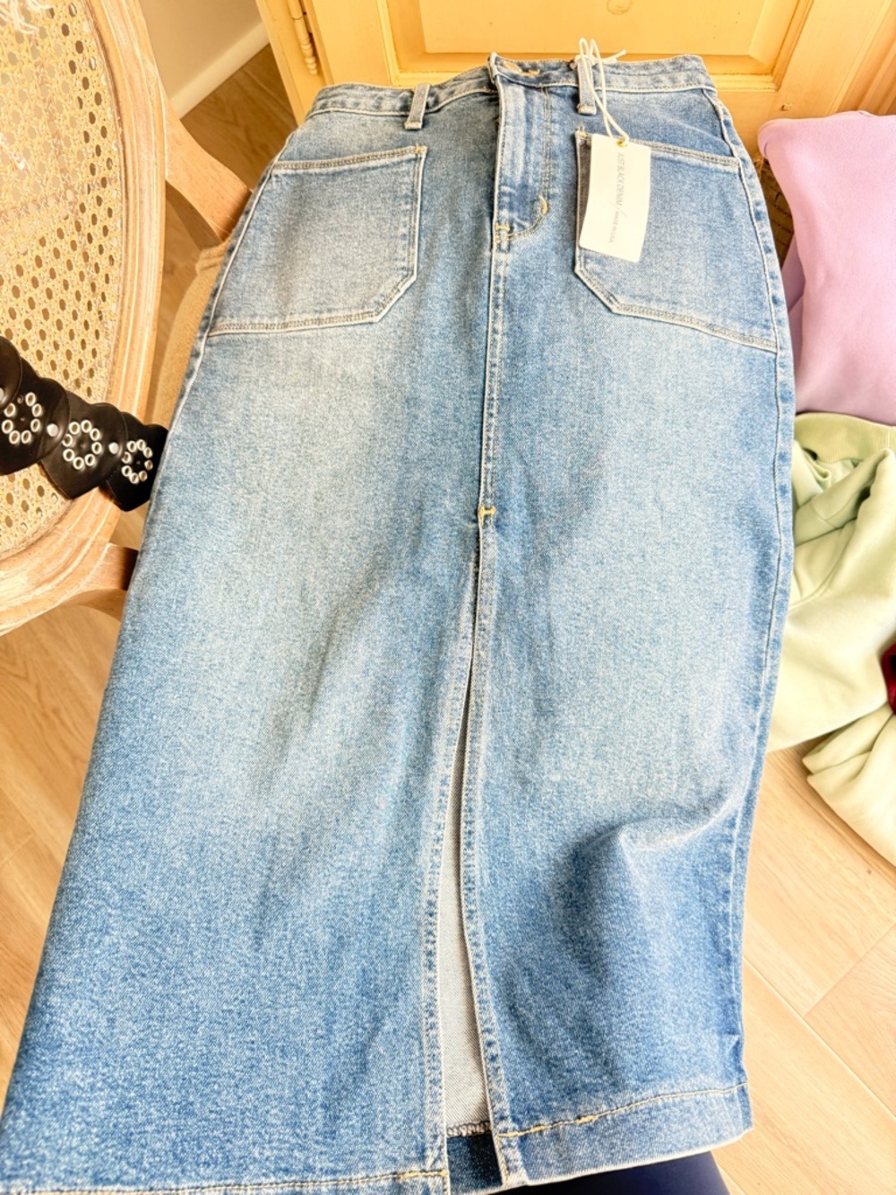 Just Black Light Blue Denim Pencil Skirt with Center Front Slit